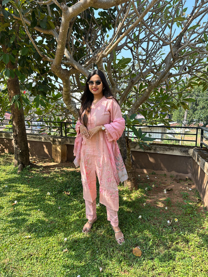 Peach Multicolor Cotton Straight-Cut Printed Suit