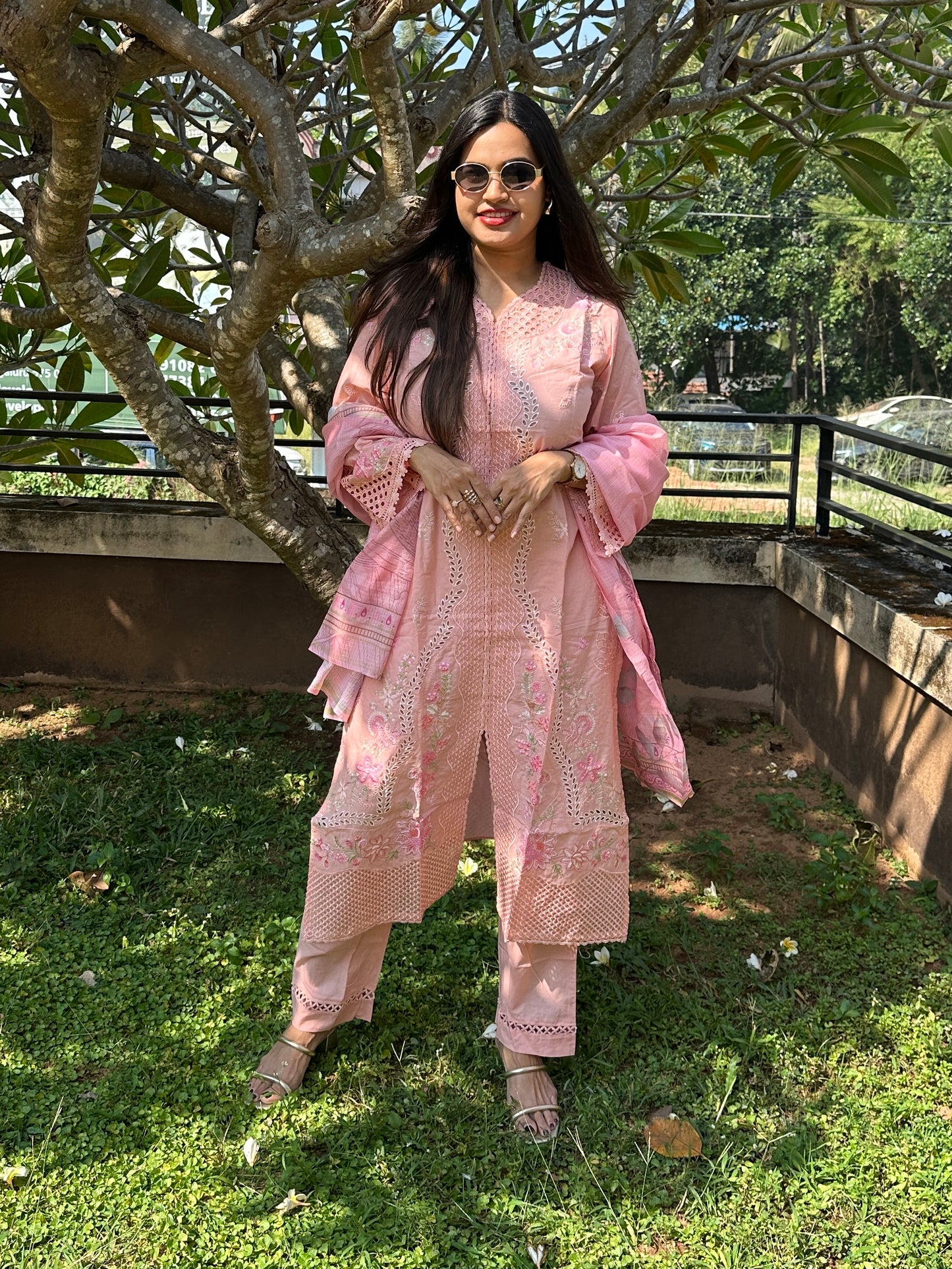 Peach Multicolor Cotton Straight-Cut Printed Suit
