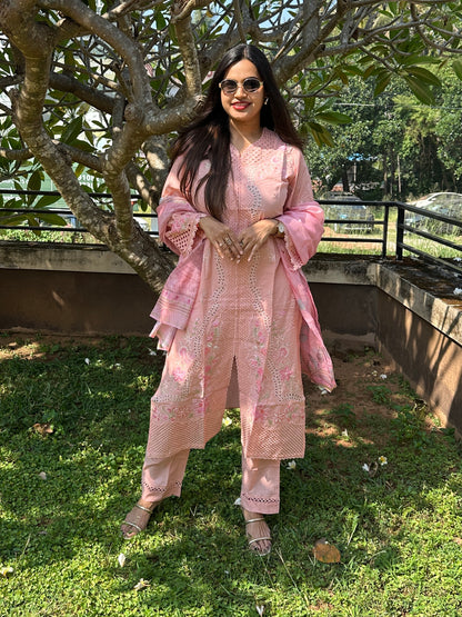 Peach Multicolor Cotton Straight-Cut Printed Suit