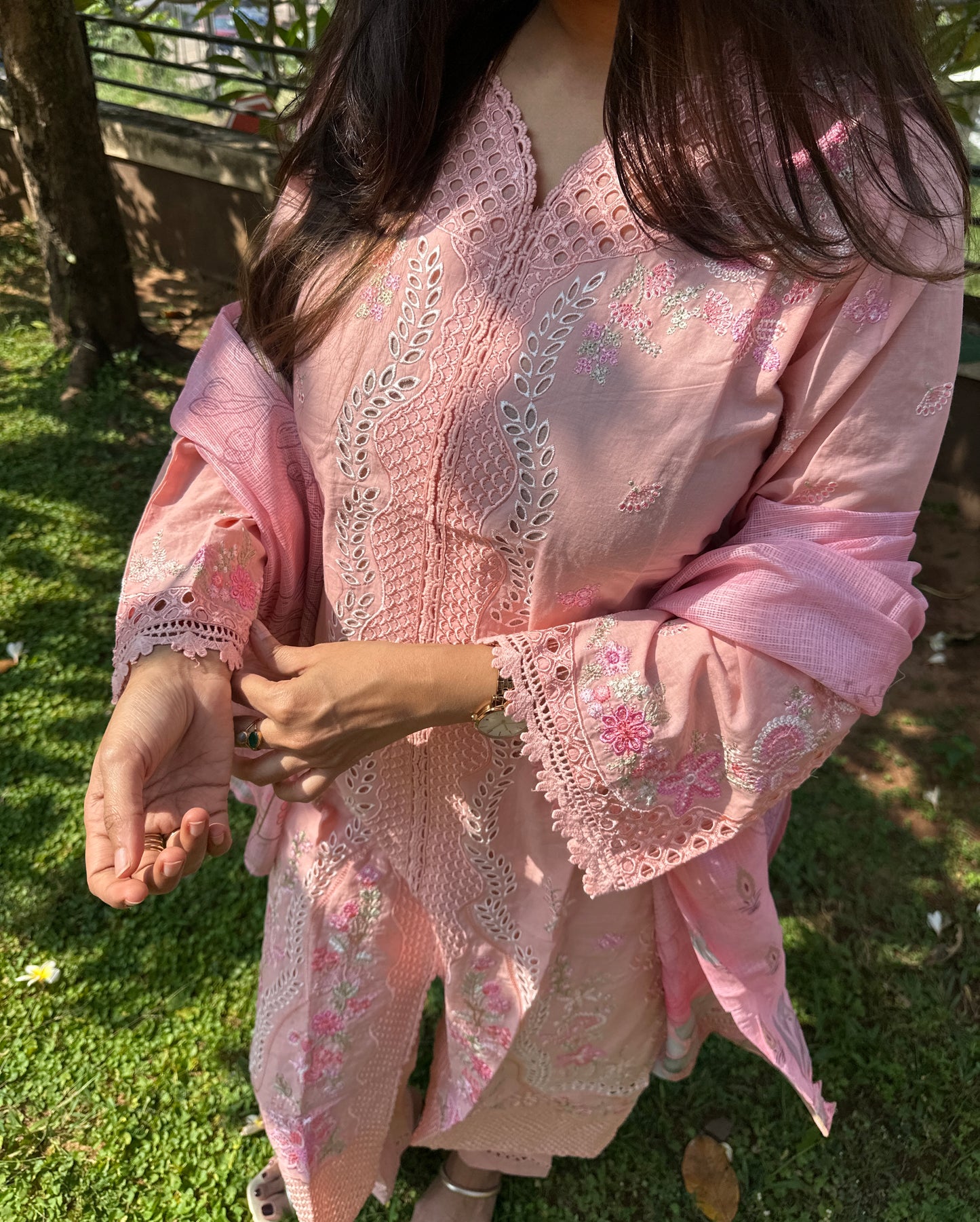 Peach Multicolor Cotton Straight-Cut Printed Suit