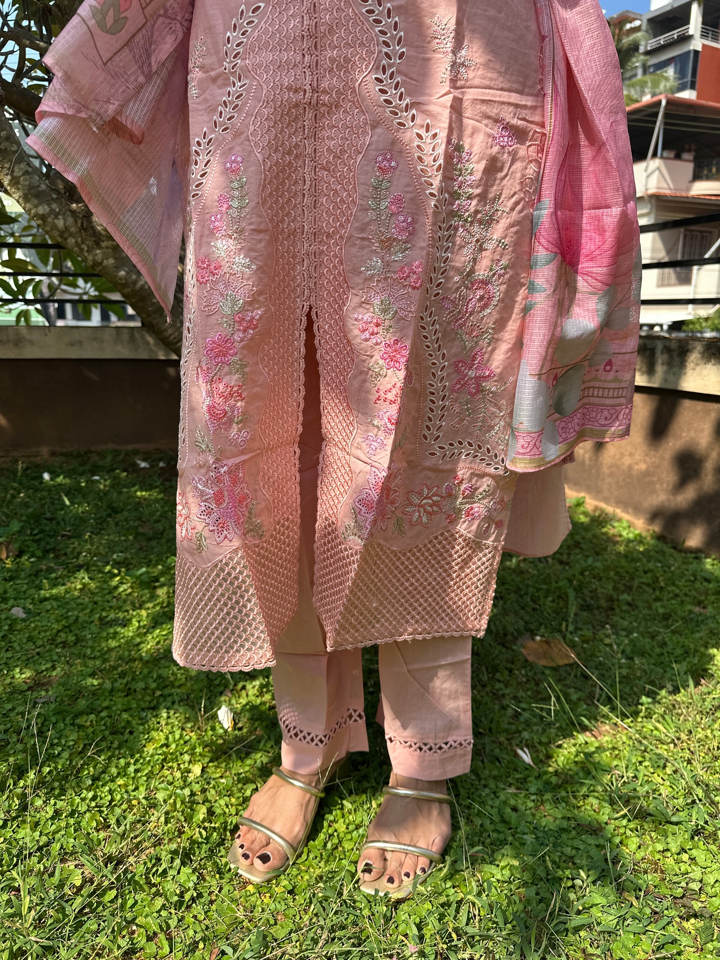 Peach Multicolor Cotton Straight-Cut Printed Suit