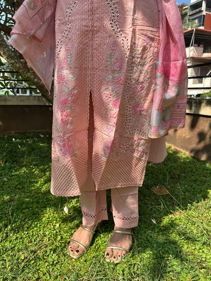 Peach Multicolor Cotton Straight-Cut Printed Suit