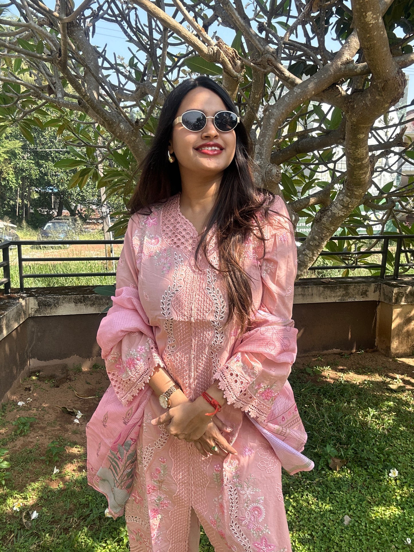 Peach Multicolor Cotton Straight-Cut Printed Suit