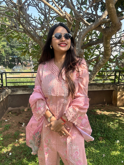 Peach Multicolor Cotton Straight-Cut Printed Suit
