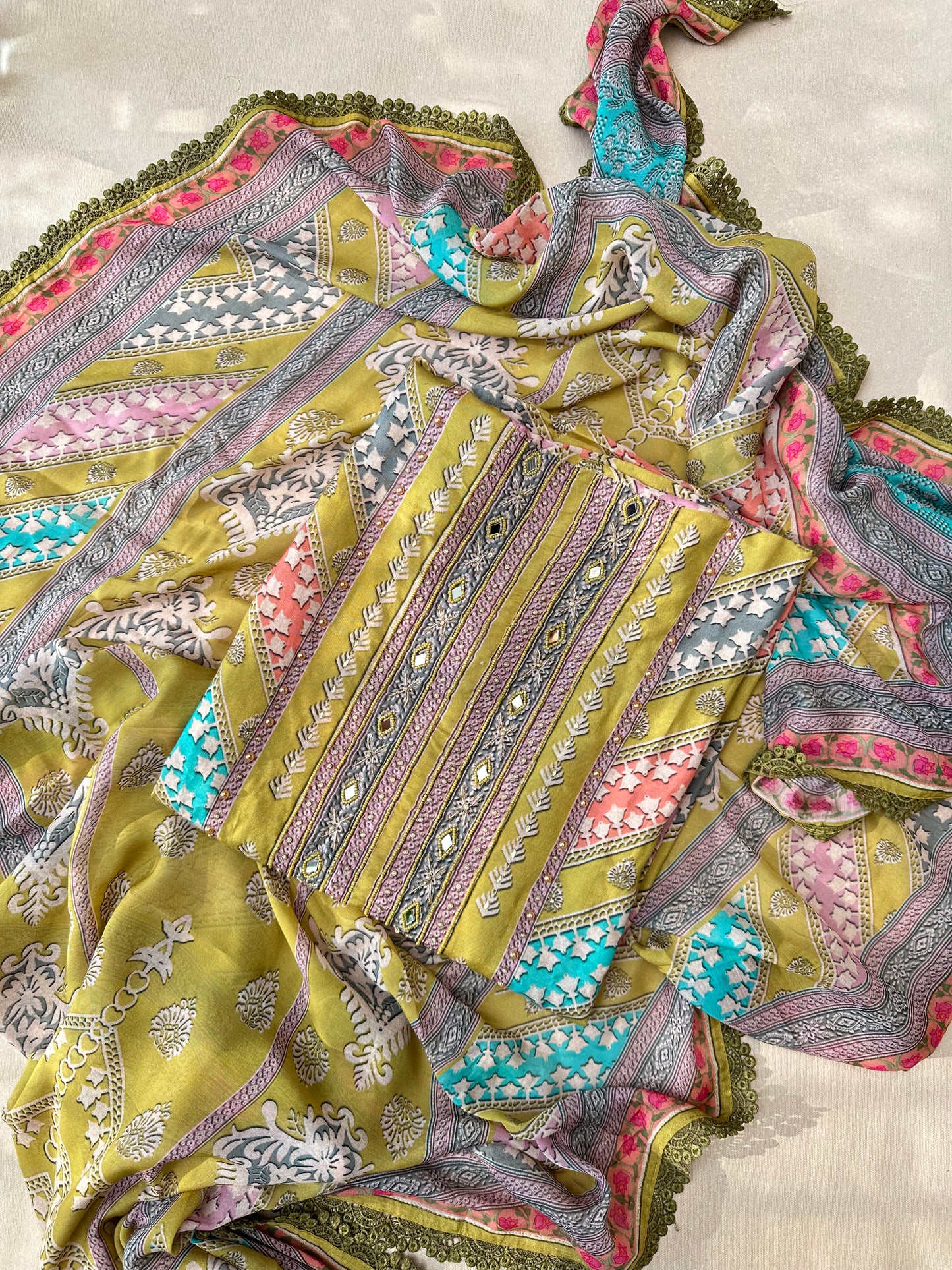 Multicolour Pure Muslin Pakistani Suit with Beadwork