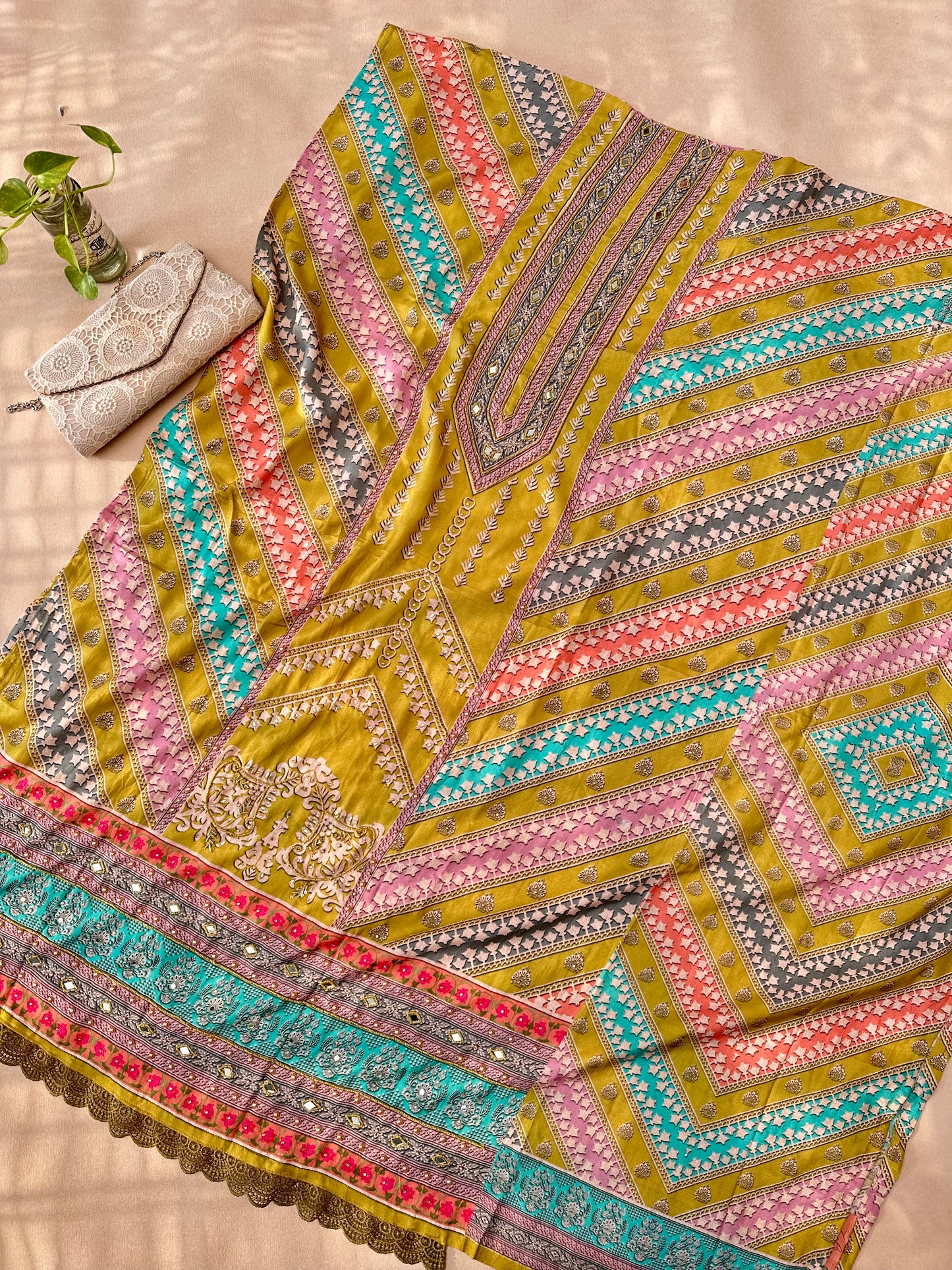 Multicolour Pure Muslin Pakistani Suit with Beadwork
