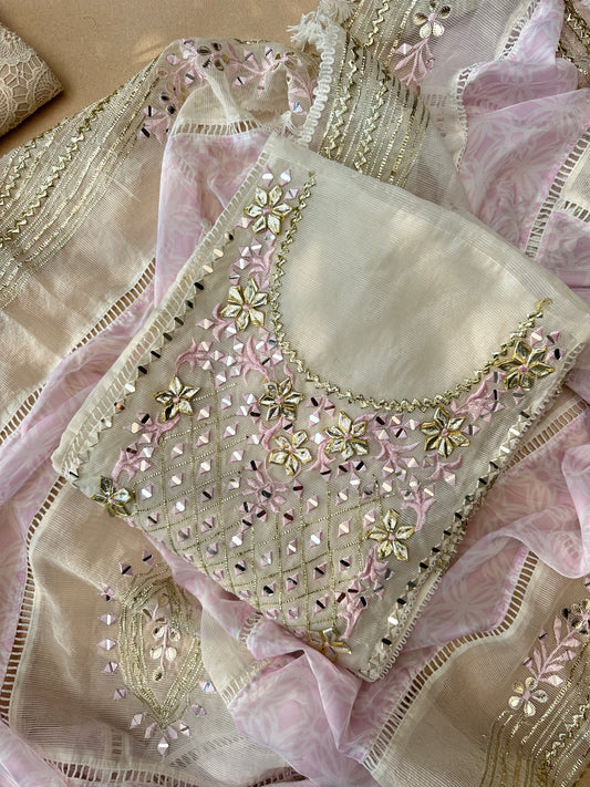 White-Pink Kota Cotton with Gotapatti Work