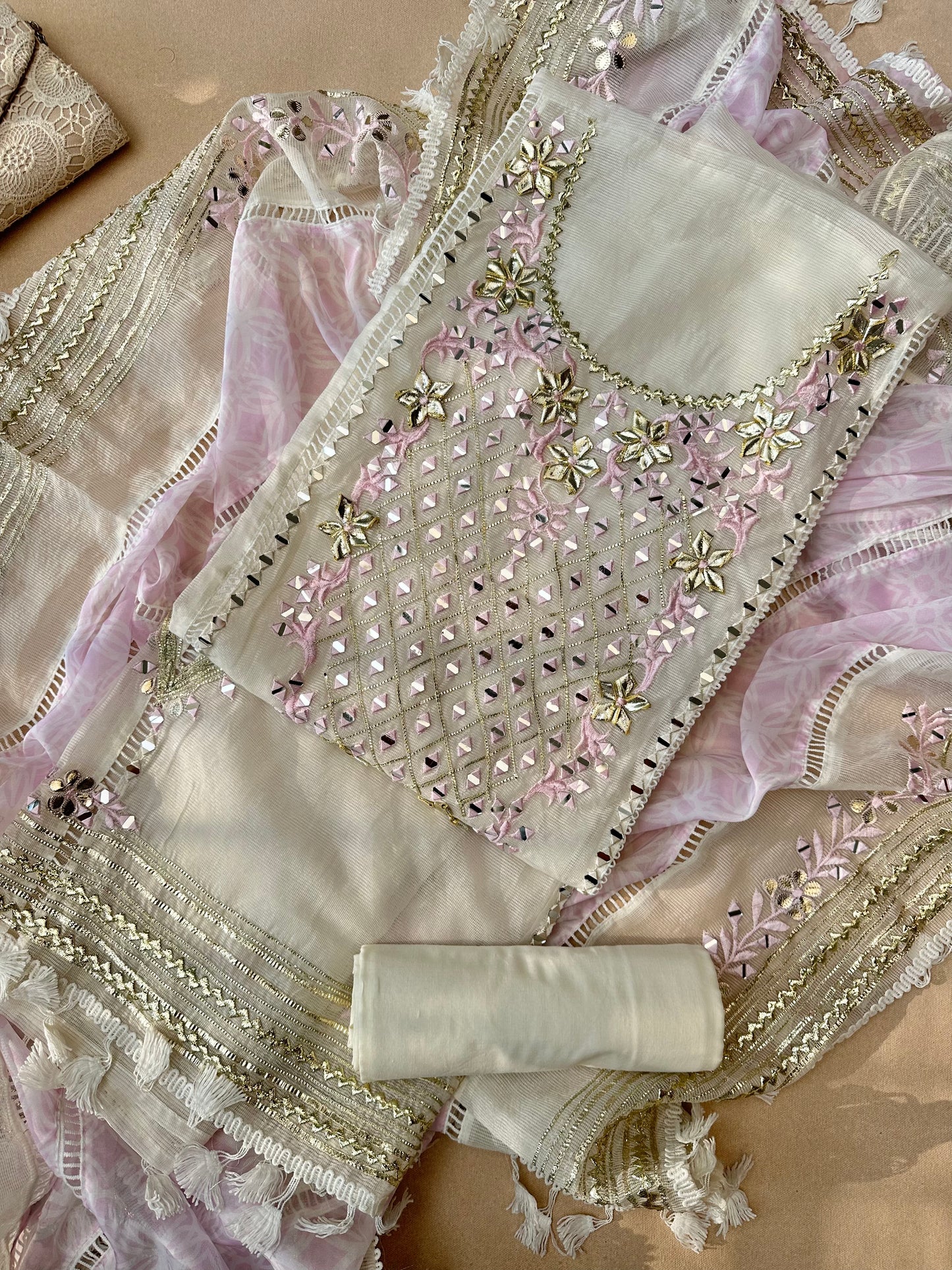White-Pink Kota Cotton with Gotapatti Work