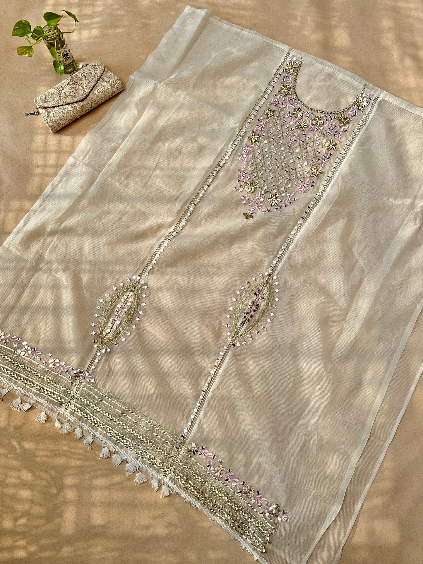 White-Pink Kota Cotton with Gotapatti Work