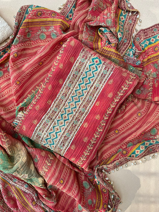 Rust Red Crush Silk with Beadwork