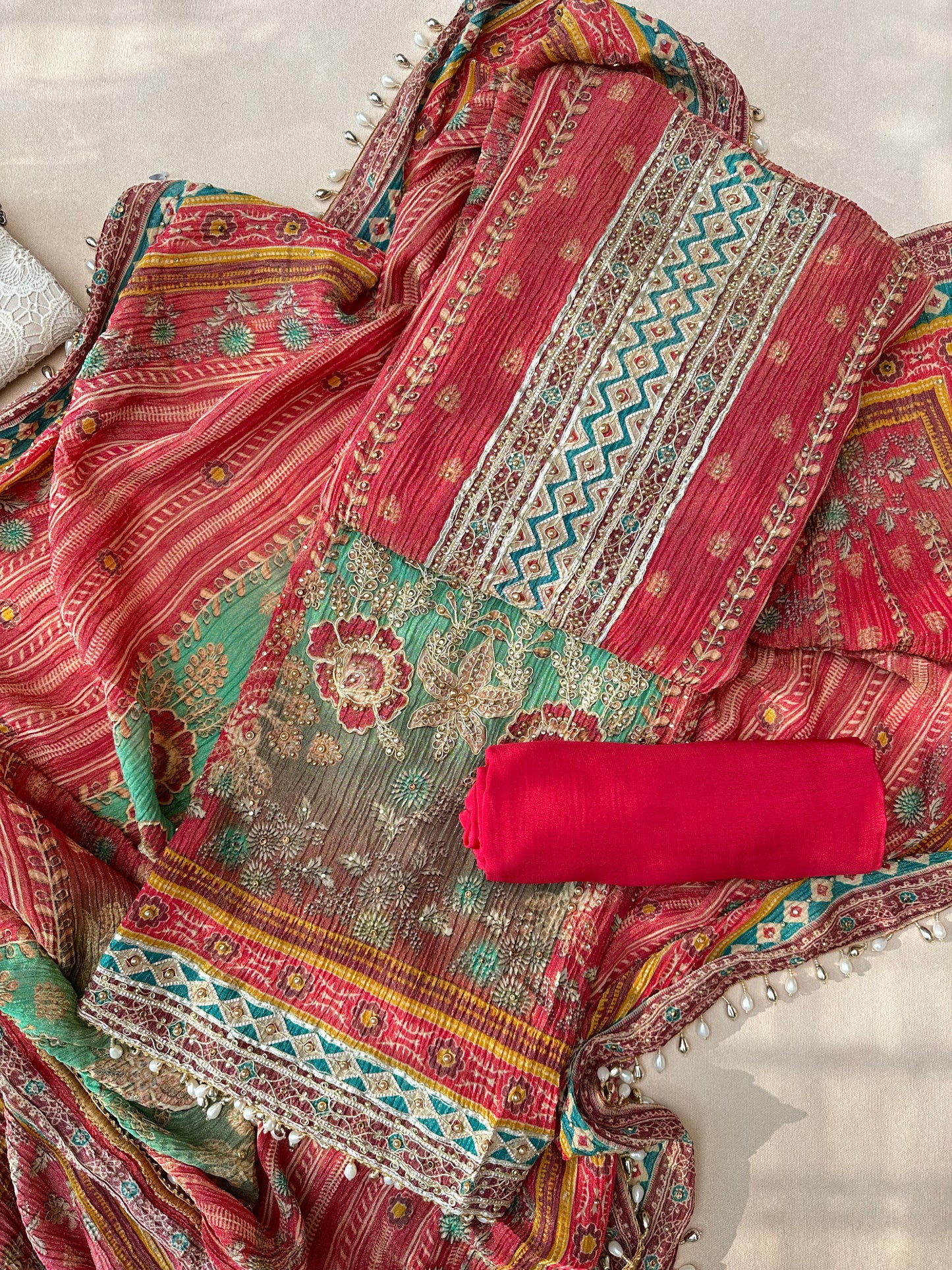 Rust Red Crush Silk with Beadwork