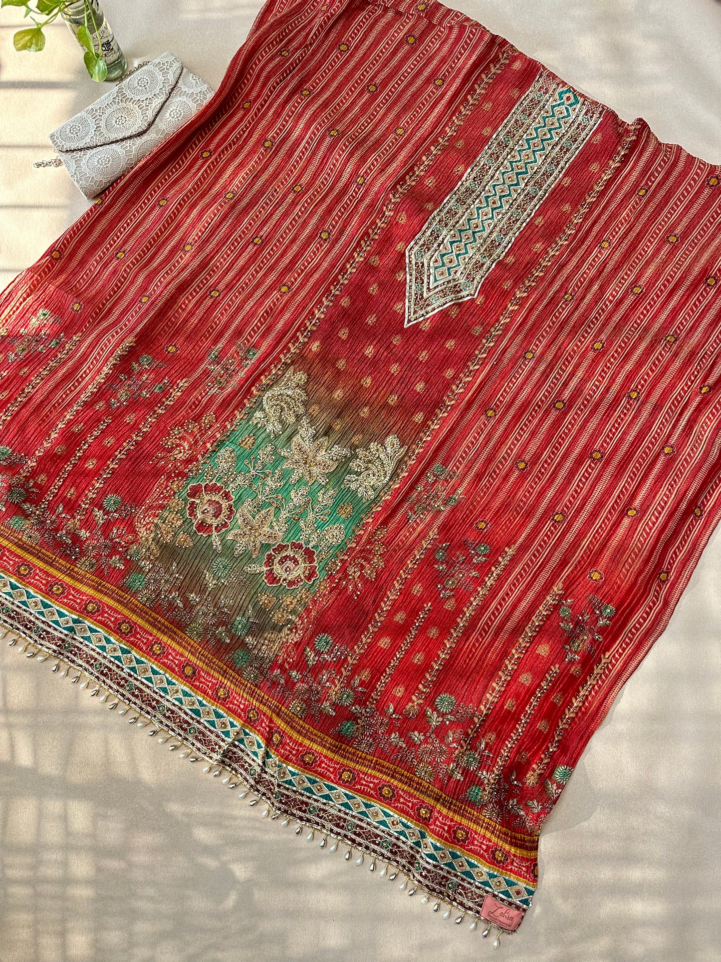 Rust Red Crush Silk with Beadwork