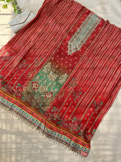 Rust Red Crush Silk with Beadwork