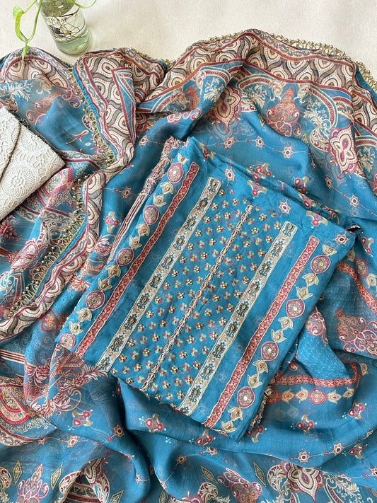 Peacock Blue Organza Pakistani Suit with Beadwork