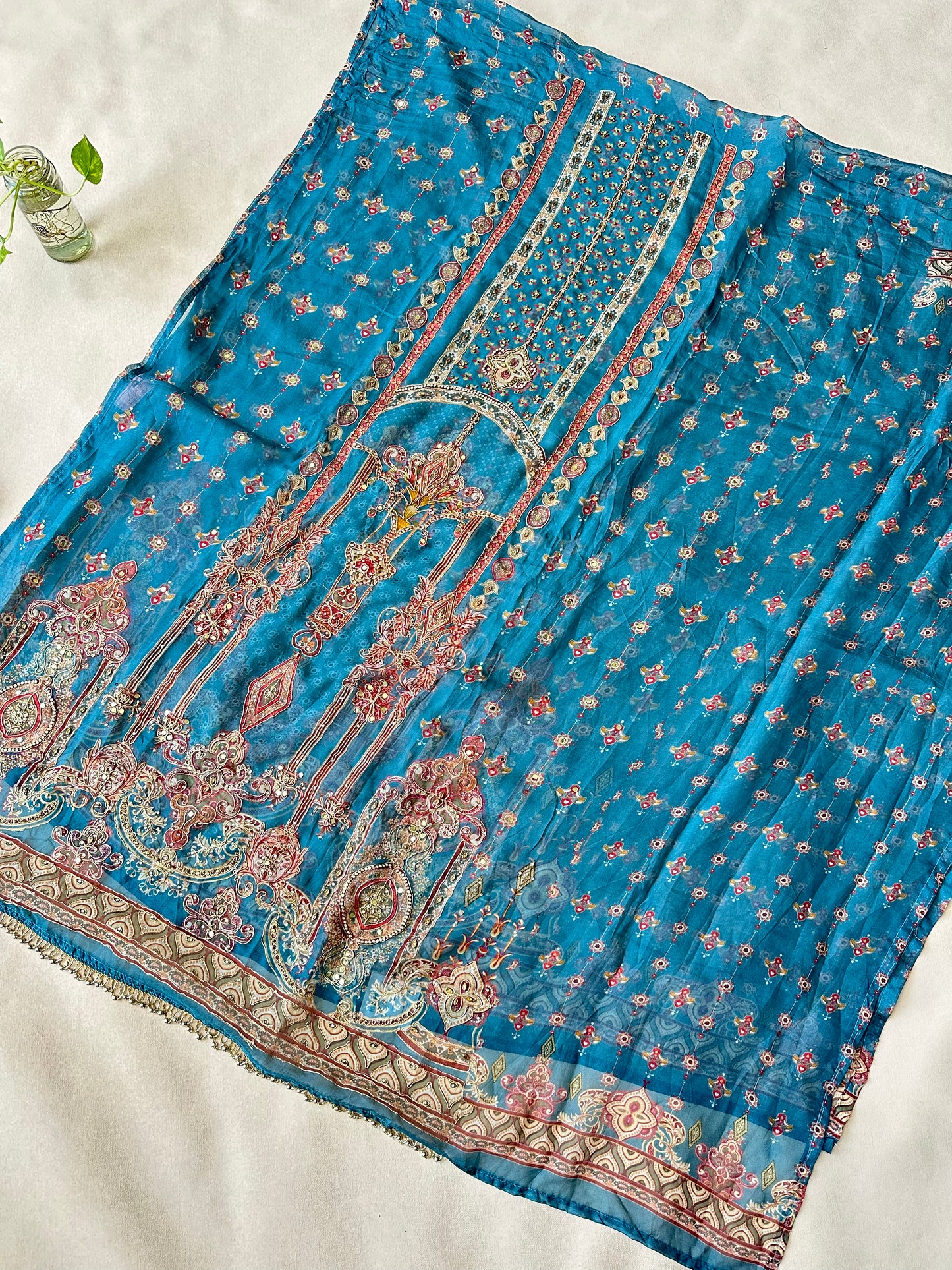 Peacock Blue Organza Pakistani Suit with Beadwork