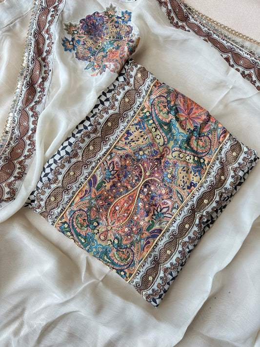 Beige-Black Pure Muslin with Applique Print