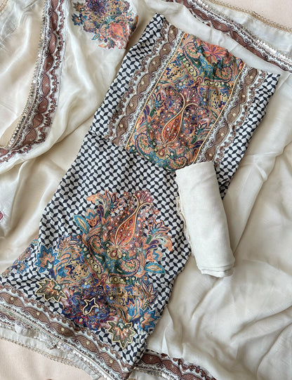 Beige-Black Pure Muslin with Applique Print