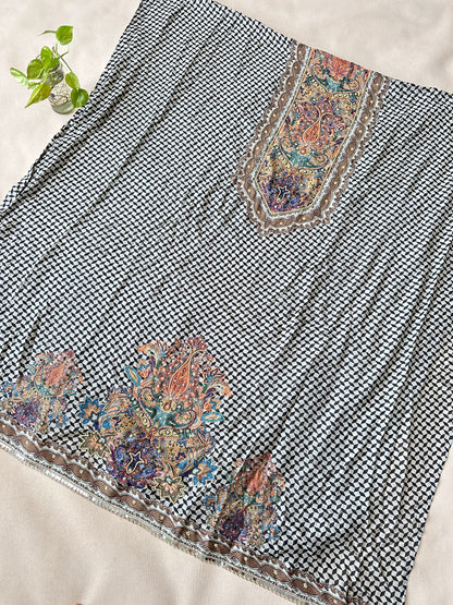 Beige-Black Pure Muslin with Applique Print