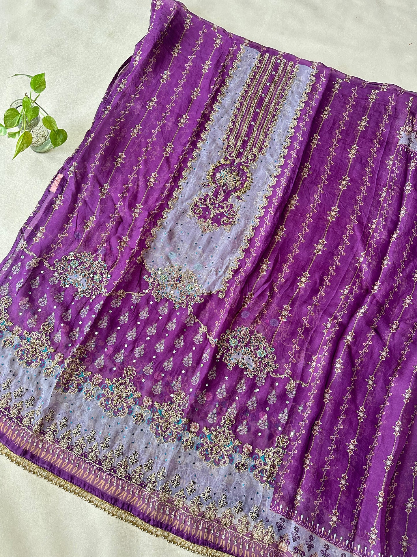Purple Organza Pakistani Suit with Beadwork