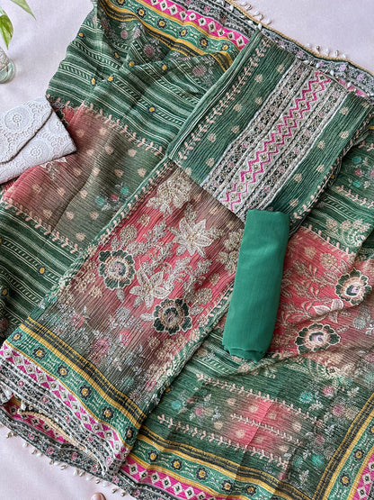 Bottle Green Crushed Silk Pakistani Suit with Beadwork
