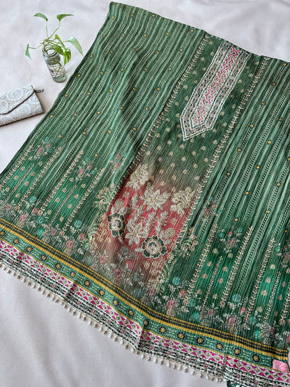 Bottle Green Crushed Silk Pakistani Suit with Beadwork