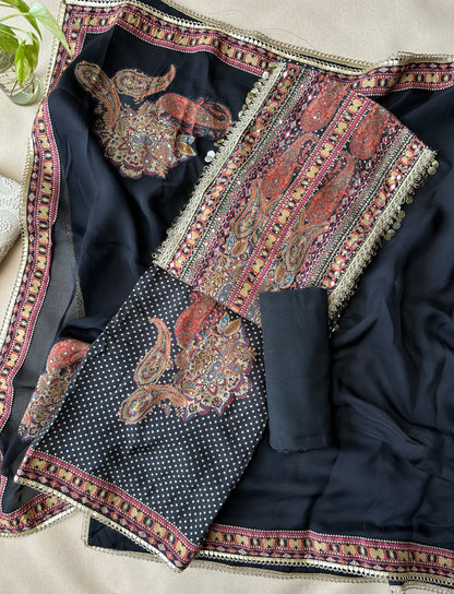 Black Polka Dot Pure Muslin with Applique Print