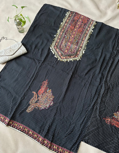 Black Polka Dot Pure Muslin with Applique Print