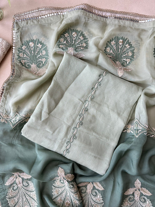 Sage Green Organza with Applique Work