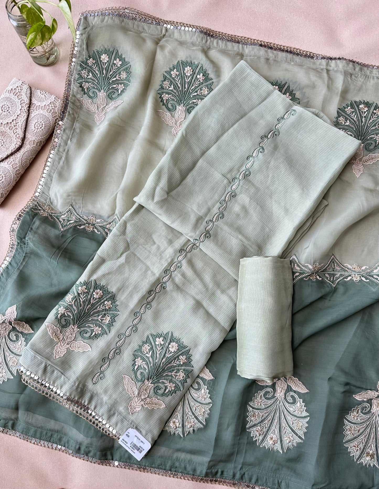 Sage Green Organza with Applique Work