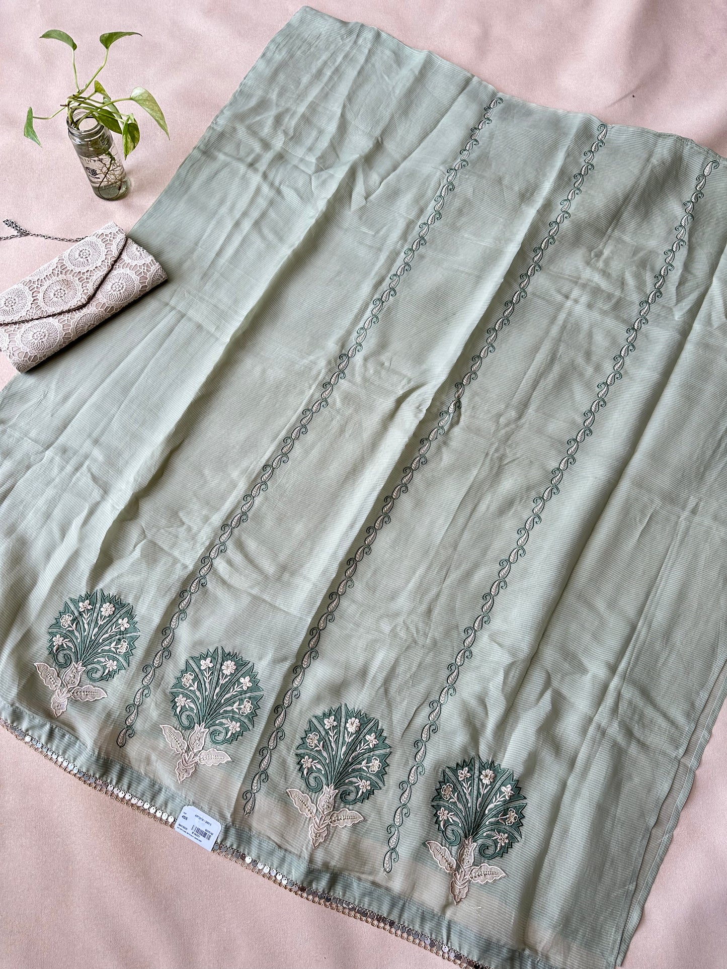 Sage Green Organza with Applique Work