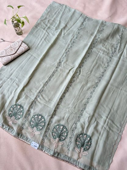 Sage Green Organza with Applique Work