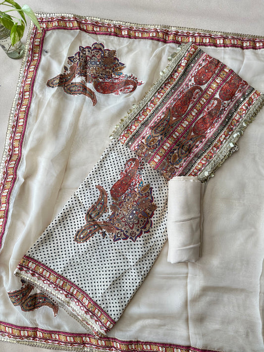 Off-White Polka Dot Pure Muslin with Applique Work