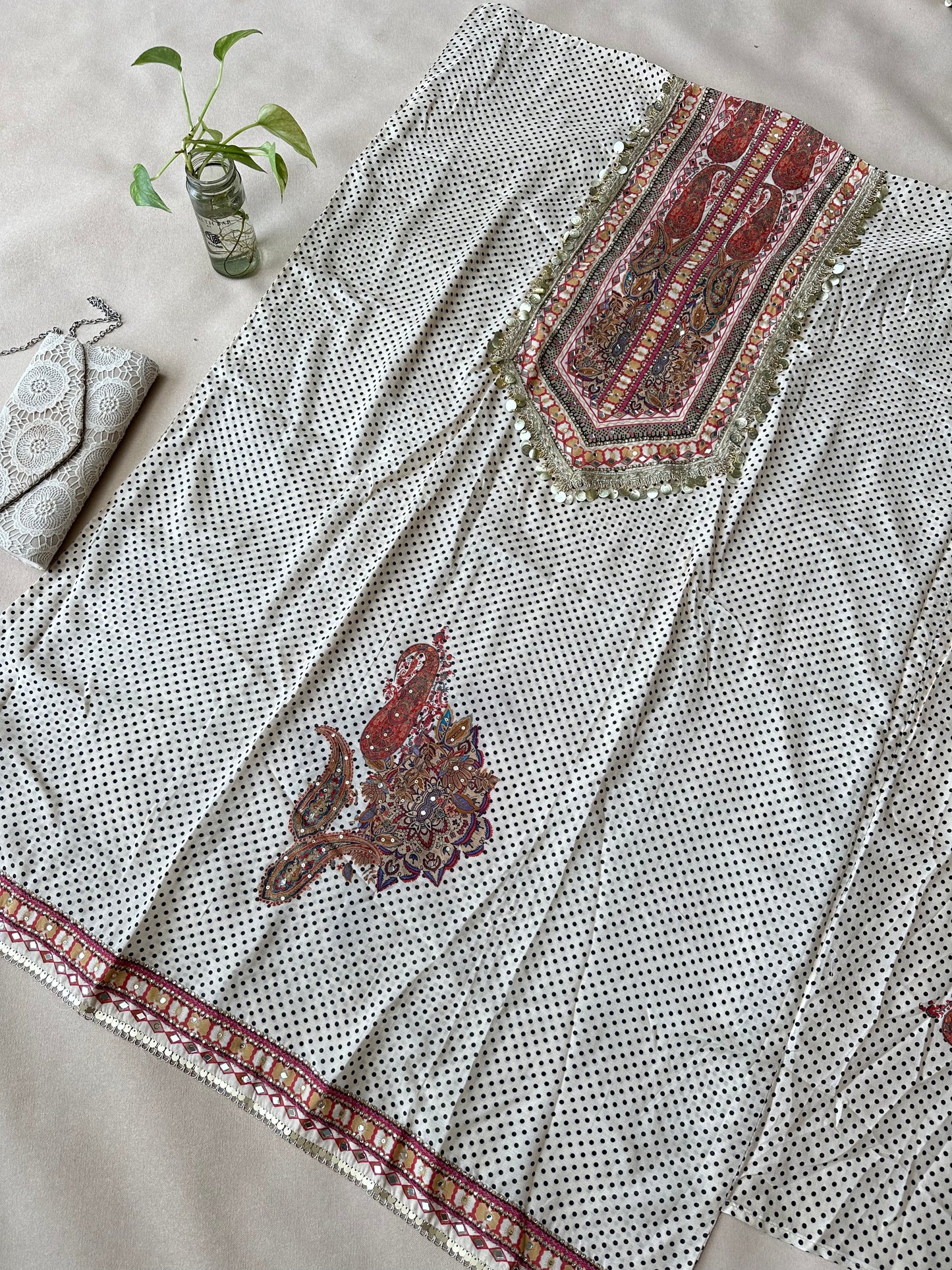 Off-White Polka Dot Pure Muslin with Applique Work
