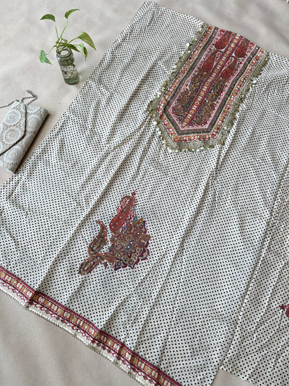 Off-White Polka Dot Pure Muslin with Applique Work