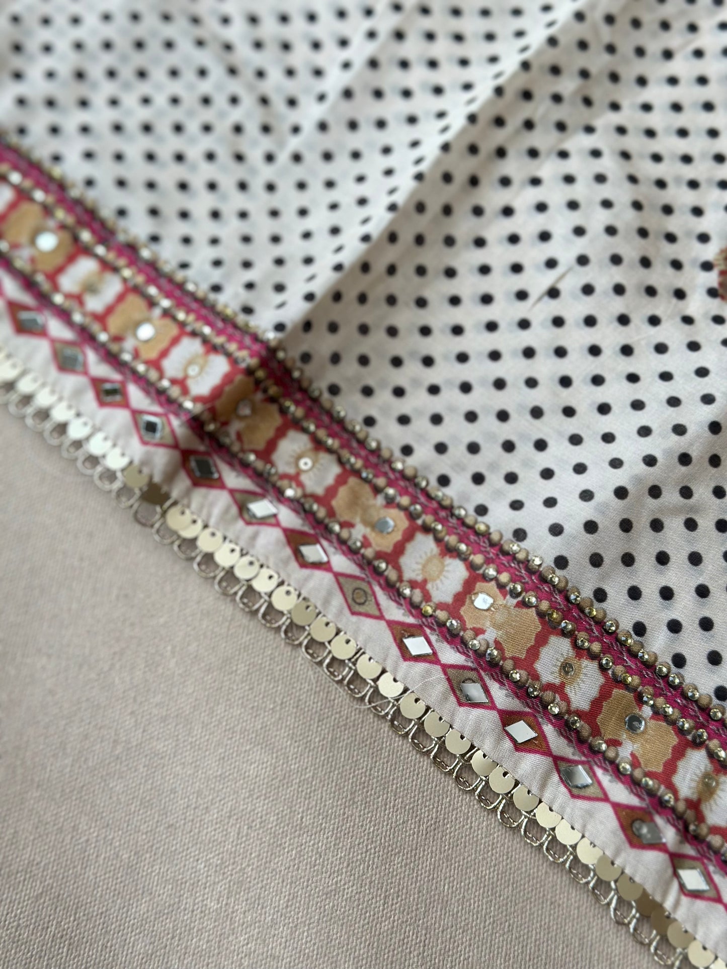 Off-White Polka Dot Pure Muslin with Applique Work