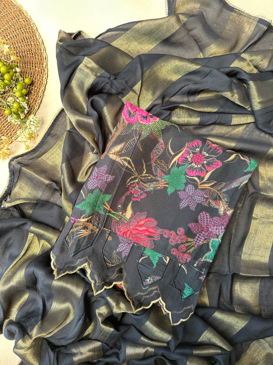 Black Printed Pure Silk Salwar Suit with Cutwork