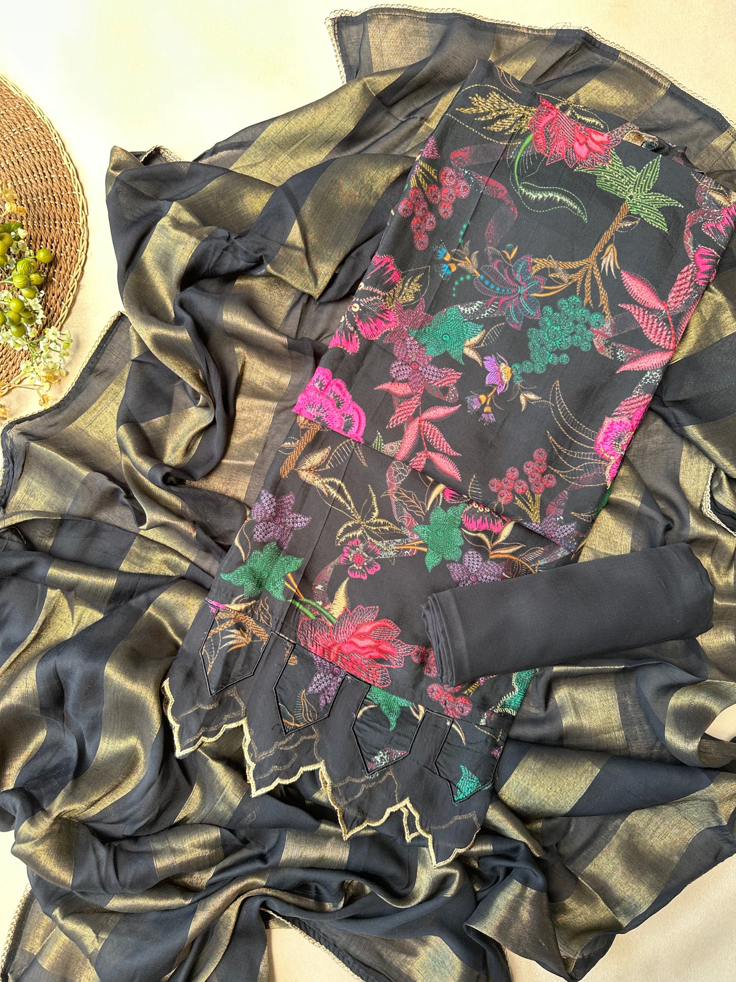 Black Printed Pure Silk Salwar Suit with Cutwork