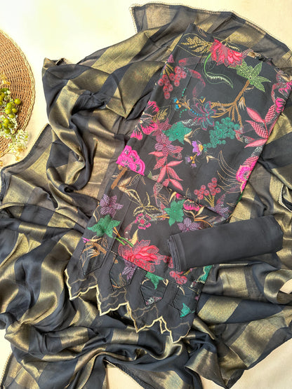 Black Printed Pure Silk Salwar Suit with Cutwork