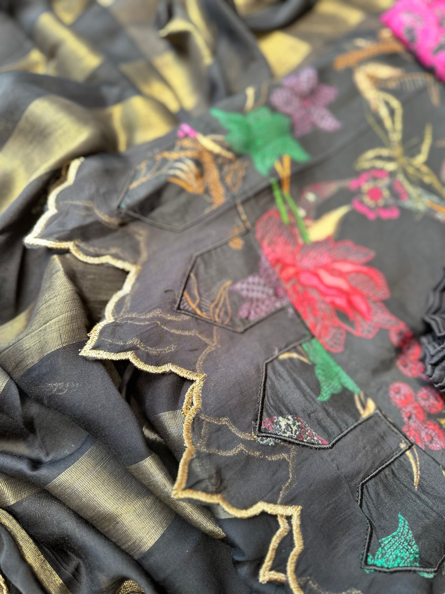 Black Printed Pure Silk Salwar Suit with Cutwork