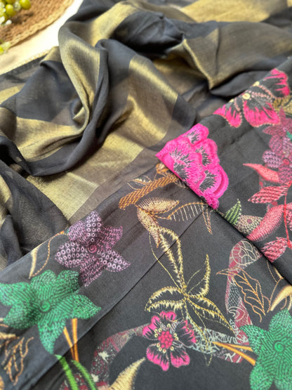 Black Printed Pure Silk Salwar Suit with Cutwork