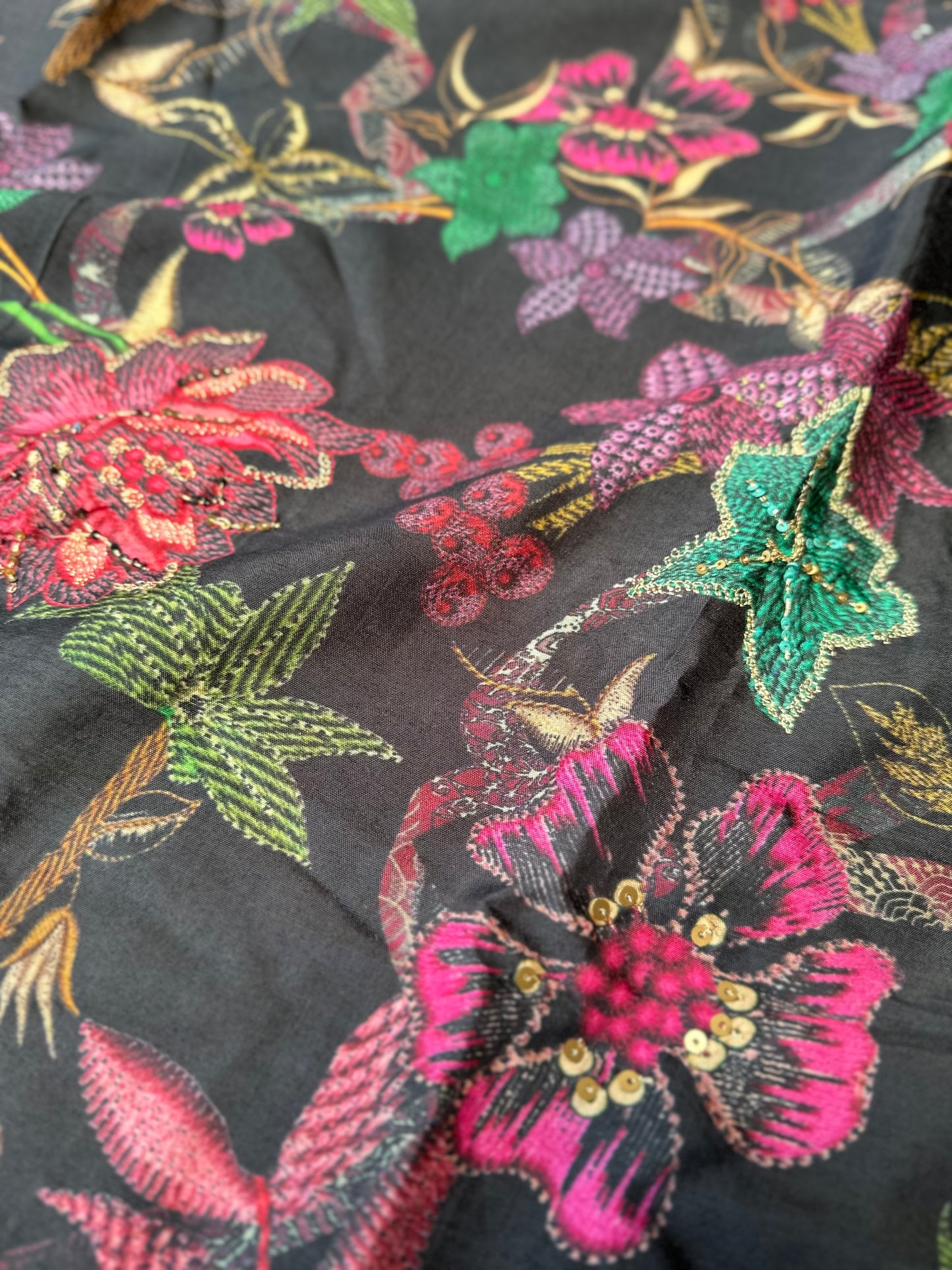 Black Printed Pure Silk Salwar Suit with Cutwork