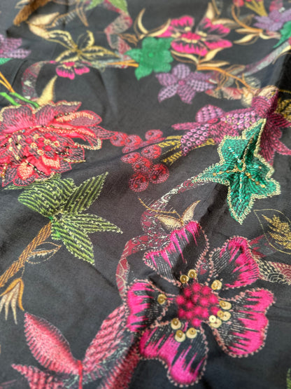 Black Printed Pure Silk Salwar Suit with Cutwork