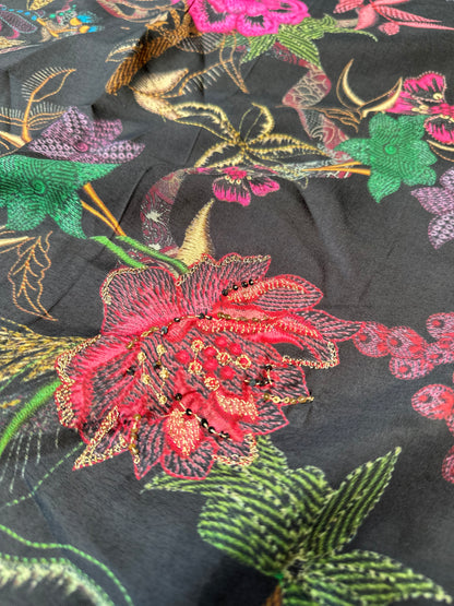 Black Printed Pure Silk Salwar Suit with Cutwork
