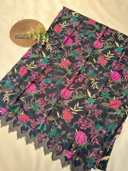 Black Printed Pure Silk Salwar Suit with Cutwork