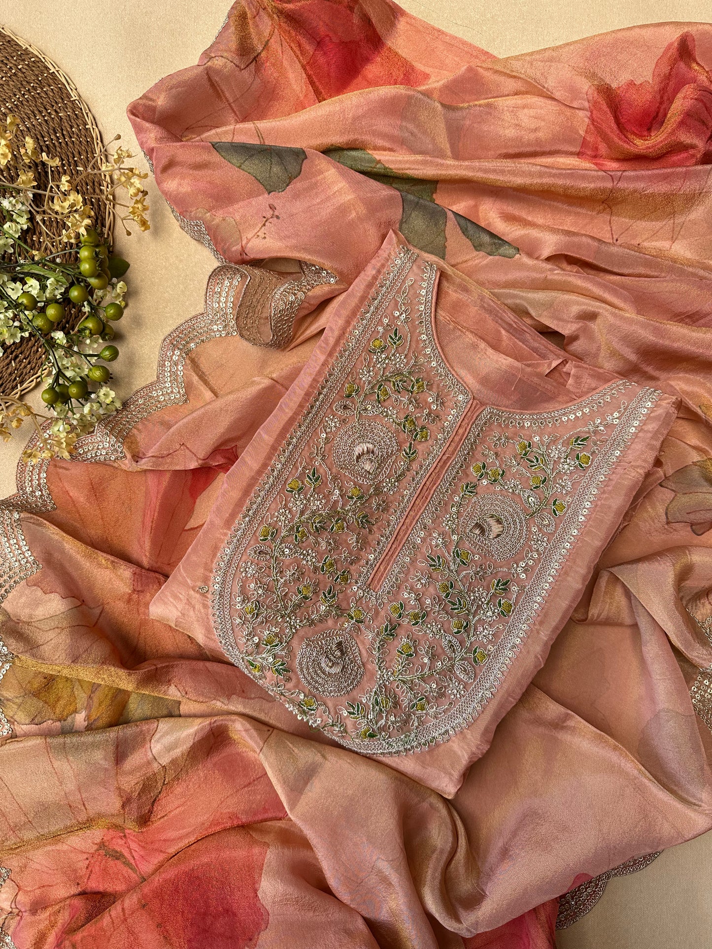 Peach Orange Silk Salwar Suit with Zari Embroidery