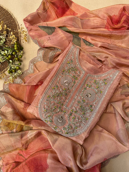 Peach Orange Silk Salwar Suit with Zari Embroidery