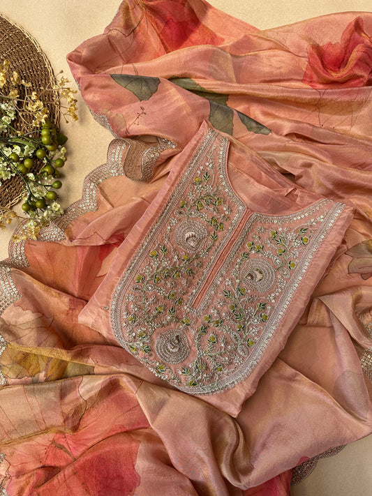 Peach Orange Silk Salwar Suit with Zari Embroidery