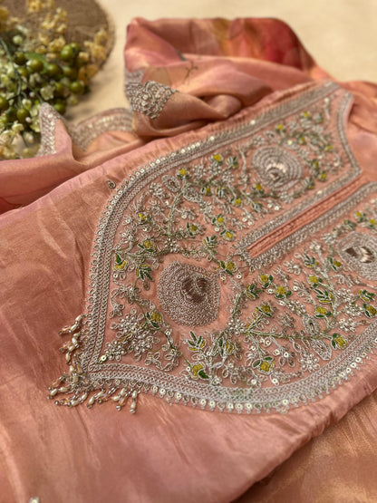 Peach Orange Silk Salwar Suit with Zari Embroidery