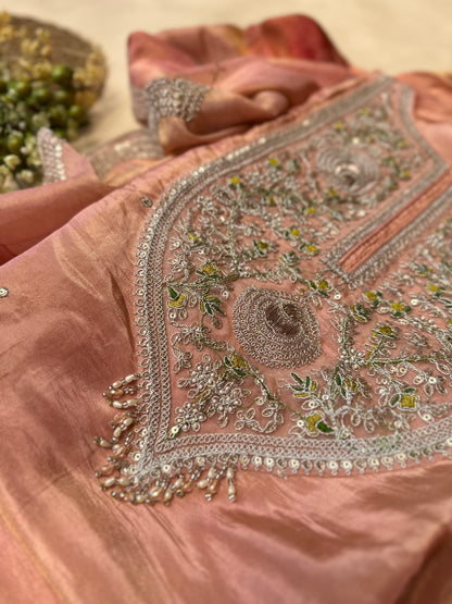 Peach Orange Silk Salwar Suit with Zari Embroidery