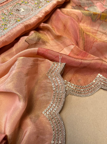 Peach Orange Silk Salwar Suit with Zari Embroidery
